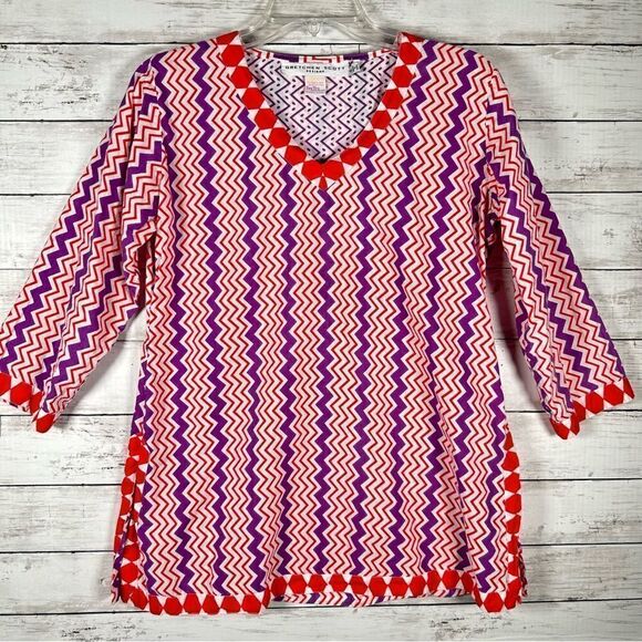 Gretchen Scott Cotton Red Purple Chevron Tunic Geometric Coverup 3/4 Sleeve S - Picture 1 of 6
